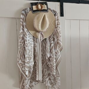 Vince Camuto Beige Woven Belt with Wood-Tone Buckle